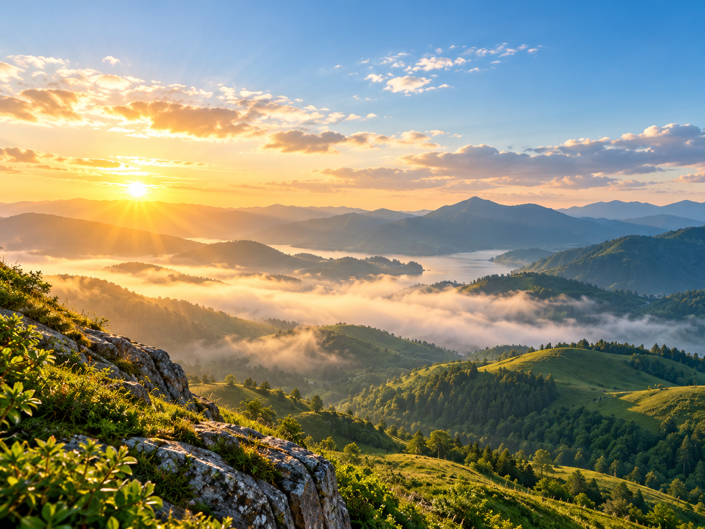 Sunrise over green mountain valleys